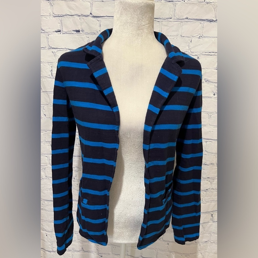 CASLON jacket 100% Cotton Knit Open Fitted Blazer Blue Black Stripes Small